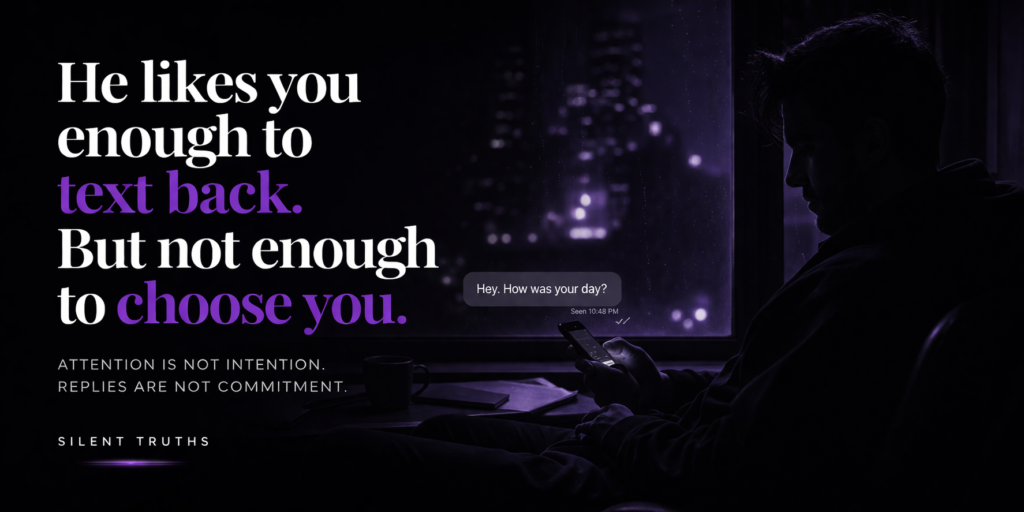 Dark emotional 3:1 image about mixed signals, texting without commitment, and not being chosen.